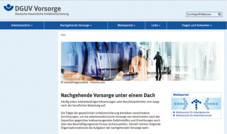 Bildschirmfoto der Webseite DGUV Vorsorge