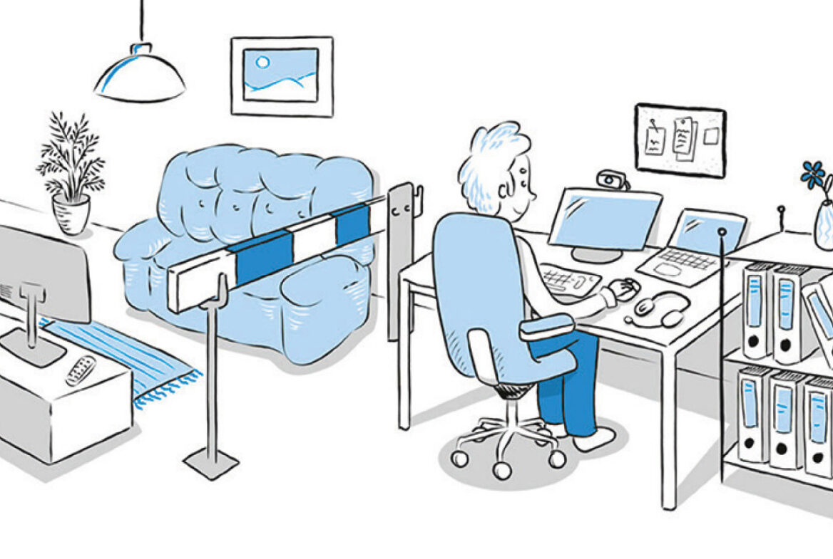 Illustration einer Wohnung die ironisch übertrieben mit einem blau-weißen Absperrbalken in Wohn- und Arbeitsbereich aufgeteilt ist. Eine Person sitzt am Schreibtisch vor einem Computer.