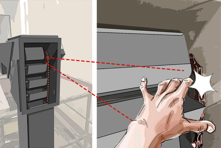 Zweiteilige Illustration des Unfallherganges mit dem Stetigförderer sowie einer Hand und der Kette in Detailansicht.