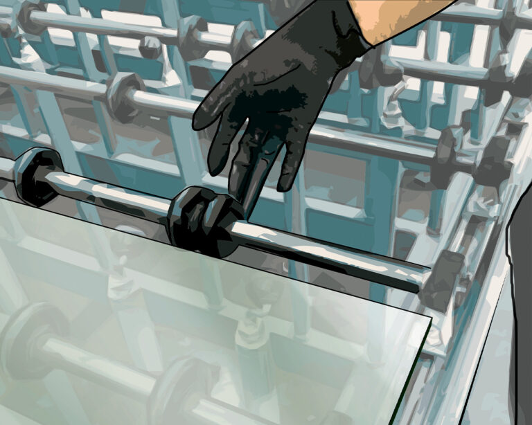 Illustration einer Rollenbahn auf der Glasscheiben transportiert werden und eine Hand mit Handschuh, die gerade von einer der Rollen erfasst wird