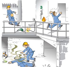 Wimmelbilder mit Unfällen am Arbeitsplatz und der Reaktion von Mitarbeitern