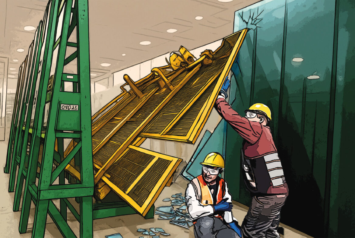 Grafische Darstellung einer umgestürzten Ladegabel mit zerbrochenem Glas auf dem Boden. Zwei Mitarbeiter direkt daneben konnten dem Unfall knapp entgehen.