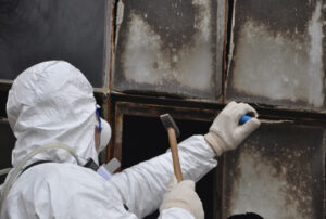 Ein Mitarbeiter in Schutzkleidung und Atemschutz beim Enfernen von altem Kit aus einem Glasfalz