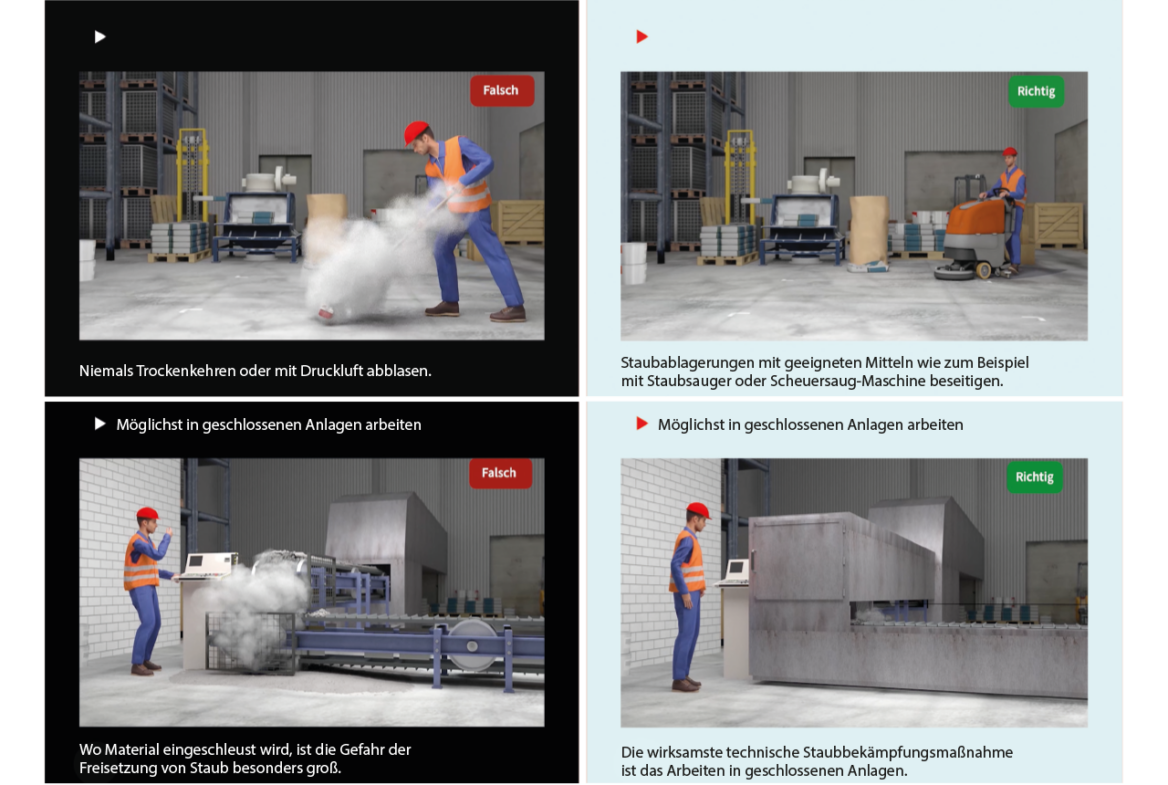 Ausschnitte aus dem neuen Video mit zehn Regeln für die Staubprävention mit animierten Beispielszenen und textlichen Erläuterungen.