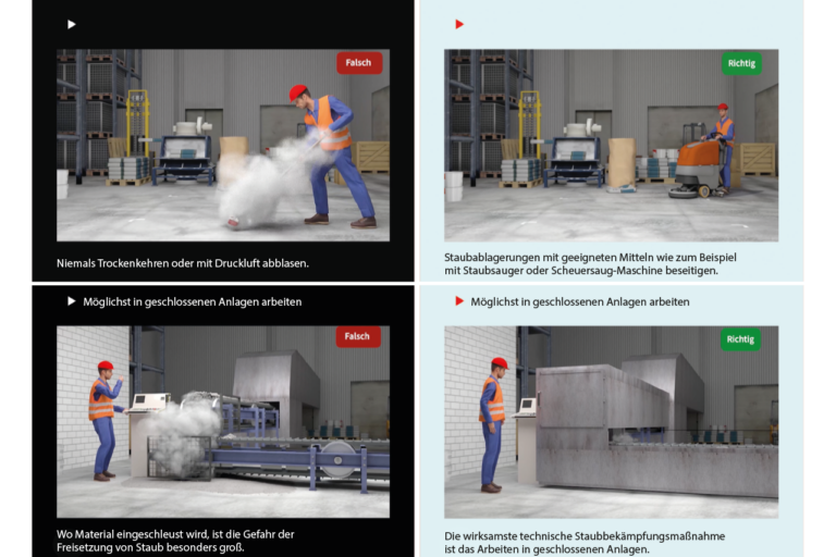 Ausschnitte aus dem neuen Video mit zehn Regeln für die Staubprävention mit animierten Beispielszenen und textlichen Erläuterungen.