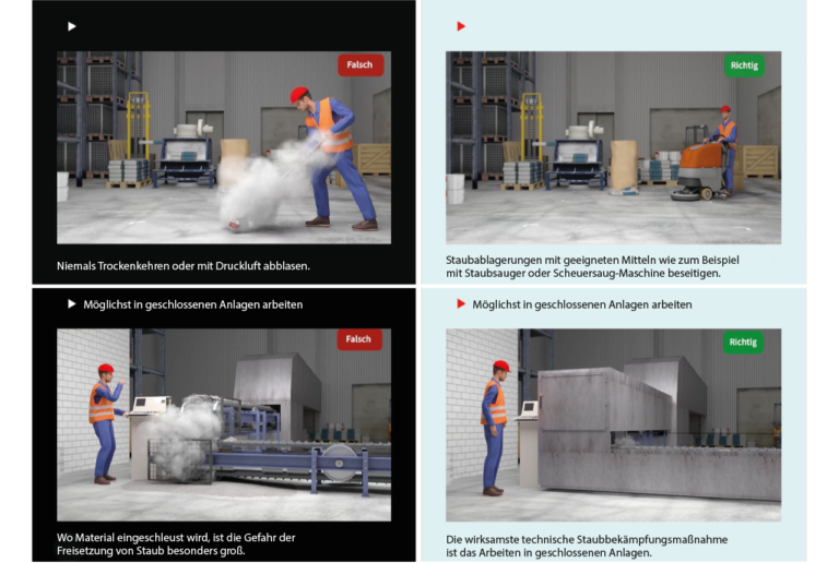 Ausschnitte aus dem neuen Video mit zehn Regeln für die Staubprävention mit animierten Beispielszenen und textlichen Erläuterungen.