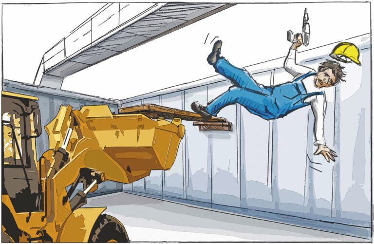 Grafische Visualisierung eines Arbeitsunfalls. Monteur stürzt von einer improvisierten Rampe.